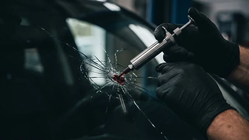 Before and after close up showing repaired windshield chip