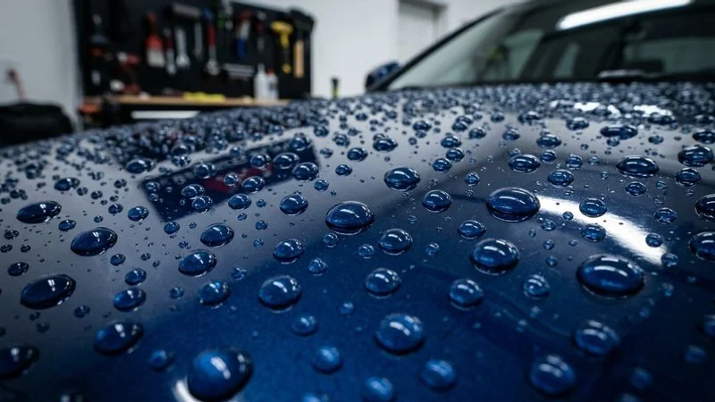 Ceramic coating hydrophobic water beading on car hood