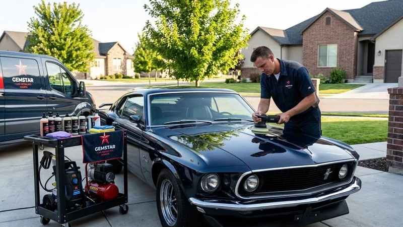 Completed mobile detail showing clean vehicle at office parking lot