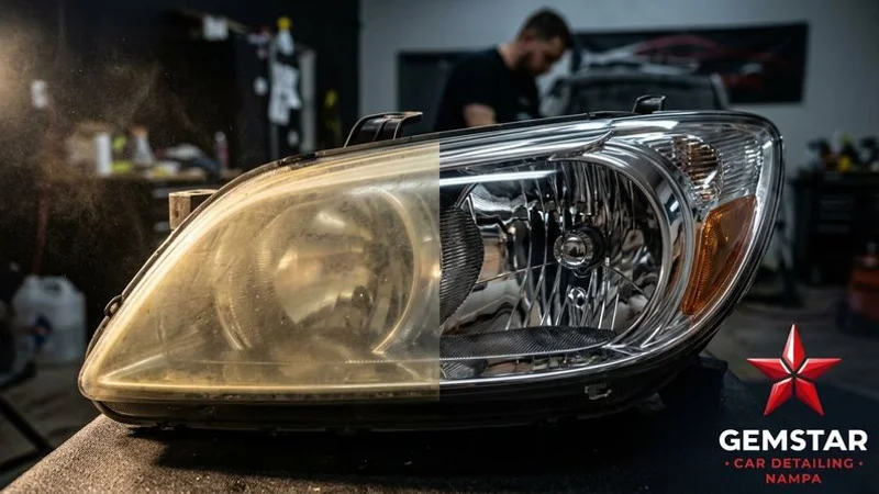 Completed headlight restoration showing crystal clear lens
