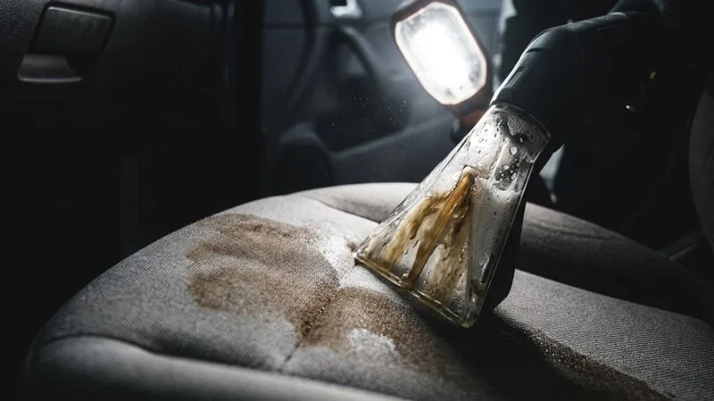 Hot water extraction machine removing deep stain from vehicle carpet