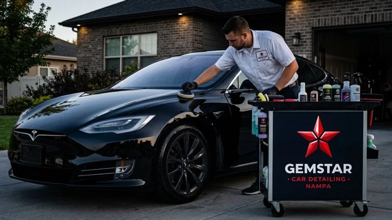 Mobile detailer working on vehicle at client location