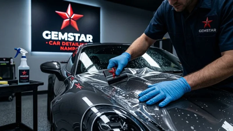 Paint protection film being professionally installed on vehicle hood