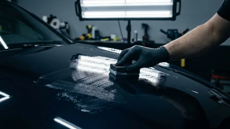 Ceramic coating being applied to vehicle paint surface by professional