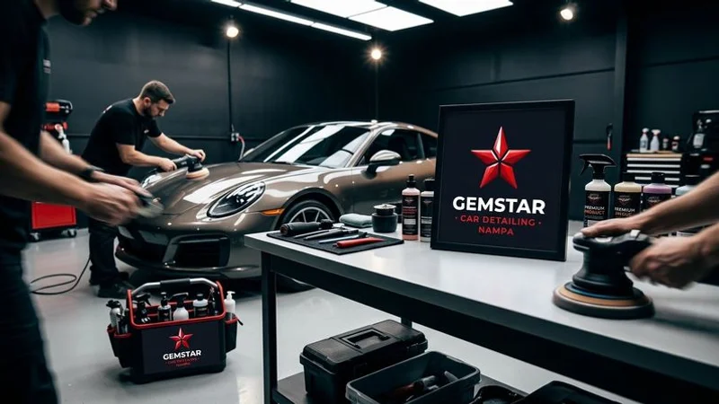 Shop detailing bay with professional lighting and equipment