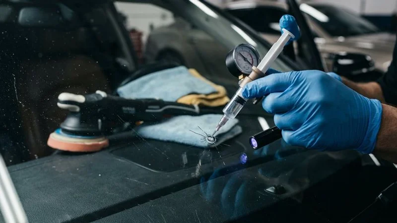 Repair bridge positioned over windshield chip for resin injection