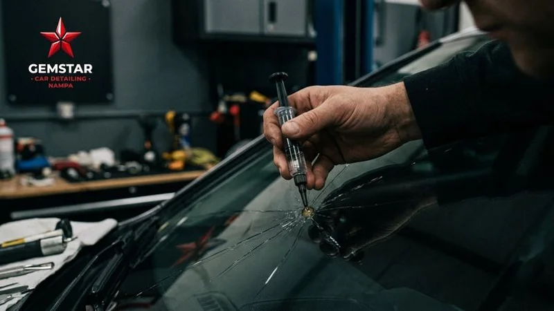 Professional resin injection being performed on windshield chip