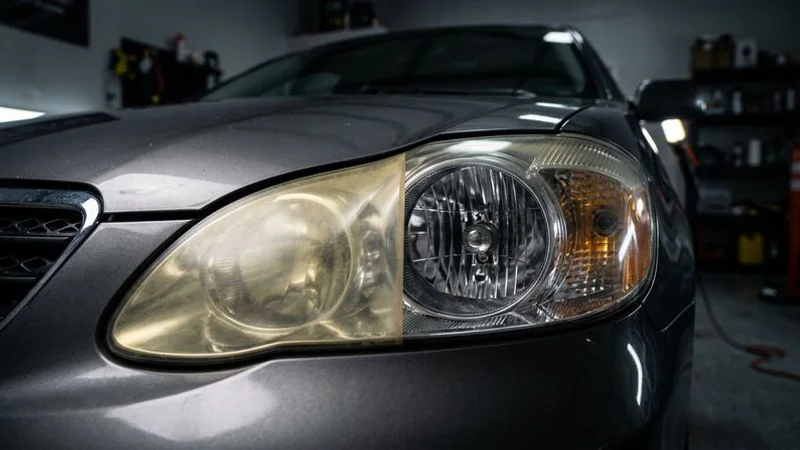 Wet sanding process being performed on cloudy headlight lens